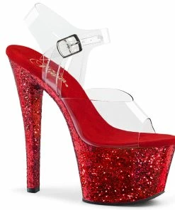 Pleaser Shoes By Pleaser USA 7 Inch Heels SKY-308LG Pleaser Shoes Red Glitter Platform 7 Inch Heel Stripper Shoe