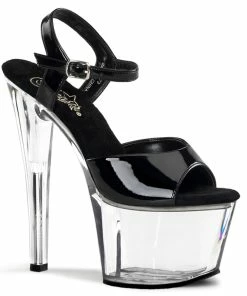 Pleaser Shoes By Pleaser USA SKY-309 Pleaser Shoes Black Patent Clear Platform Stripper Shoe 7 Inch Heels