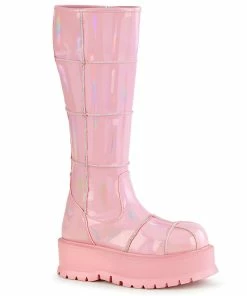 Demonia Shoes SLACKER-230 Pink Hologram Platform Festival Demonia Knee High Boot Women's Demonia Footwear