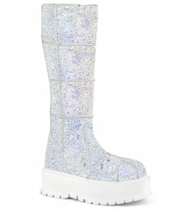 SLACKER-230 Demonia Shoes White Glitter Platform Knee High Boot
