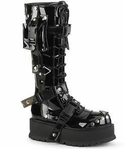 Women's Demonia Footwear SLACKER-260 Demonia Shoes Black Patent Gothic Knee High Boot