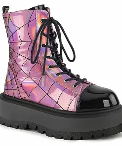 Women's Demonia Footwear SLACKER-88 Demonia Shoes Pink Hologram Gothic Boot