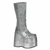 Unisex Demonia Footwear STACK-301G Demonia Shoes Silver Glitter Platform Knee Boot