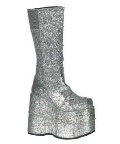 Unisex Demonia Footwear STACK-301G Demonia Shoes Silver Glitter Platform Knee Boot