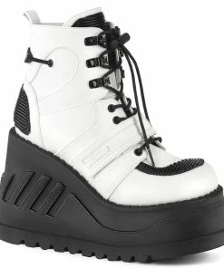 Demonia Shoes STOMP-13 White Faux Leather Wedge Platform Demonia Boot Women's Demonia Footwear
