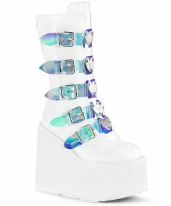 Knee High And Mid Calf Boots SWING-230 Demonia Shoes White Vegan Platform Festival Mid Calf Boot