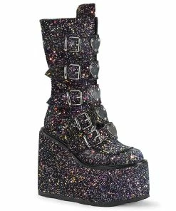 Demonia Shoes SWING-230G Black Glitter Mid Calf Demonia Boot Knee High And Mid Calf Boots