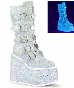 SWING-230G Demonia Shoes White Glitter Platform Festival Boot