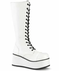 TRASHVILLE-502 Demonia Shoes White Knee High Boots Unisex Demonia Footwear