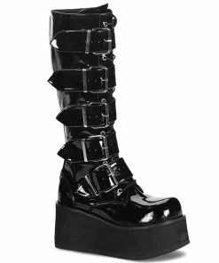 TRASHVILLE-518 Demonia Shoes Black Patent Gothic Boots Unisex Demonia Footwear
