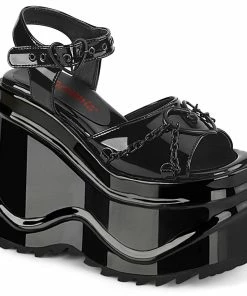 Women's Demonia Footwear WAVE-09 Demonia Shoes Black Patent Gothic Sandals