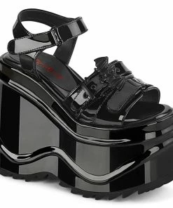 WAVE-13 Demonia Shoes Black Patent Gothic Wedge Sandal