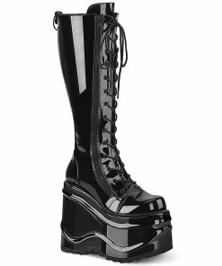 Women's Demonia Footwear WAVE-200 Demonia Shoes Black Patent Gothic Knee Boot